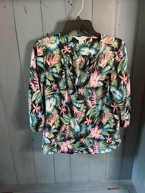 Tommy Bahama Black Tropical Floral Button-Up Blouse with Pink & Blue Flowers, XS